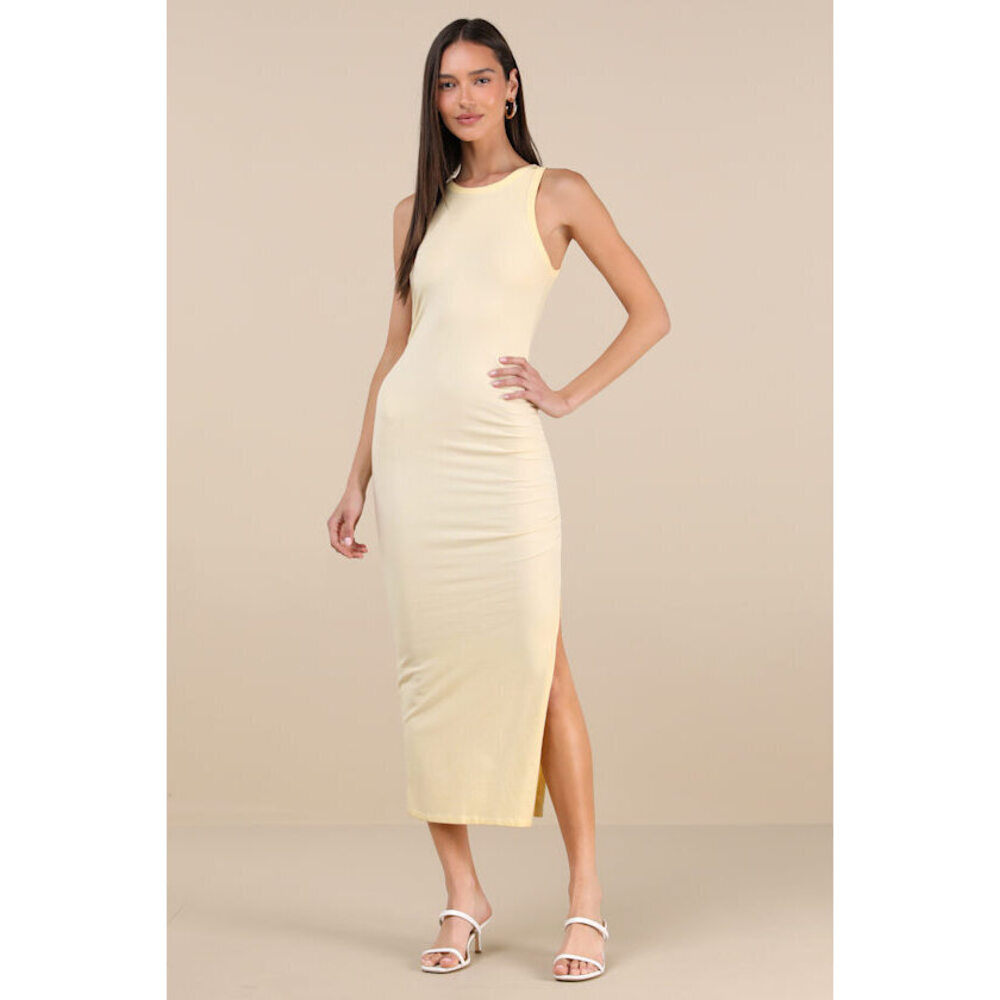Lulus Lavina Light Yellow Jersey Knit Bodycon Midi Dress - Size XL